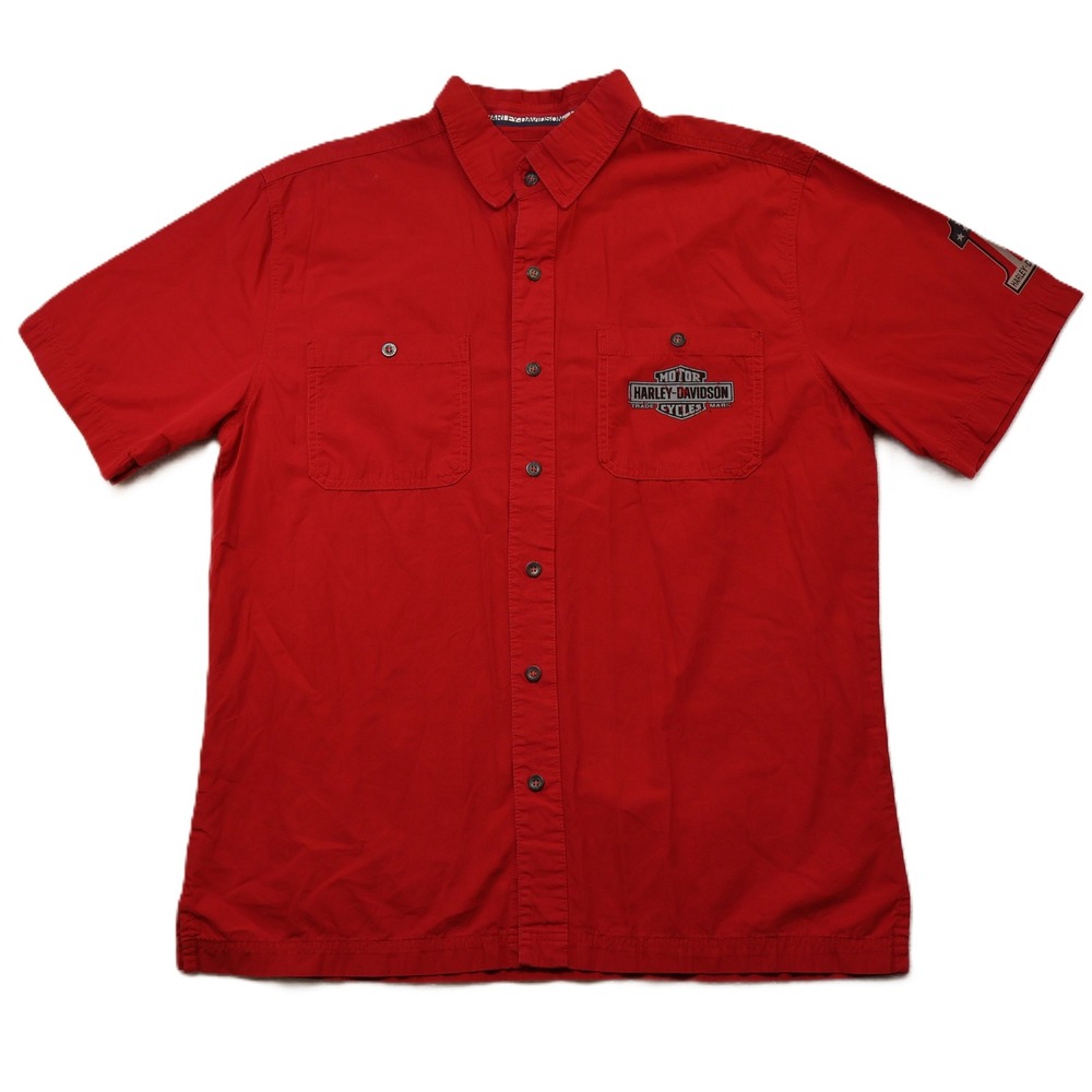 Harley-Davidson Mens L Button Up Shirt Red Short Sleeve Graphic‎ Ride Free Logo
